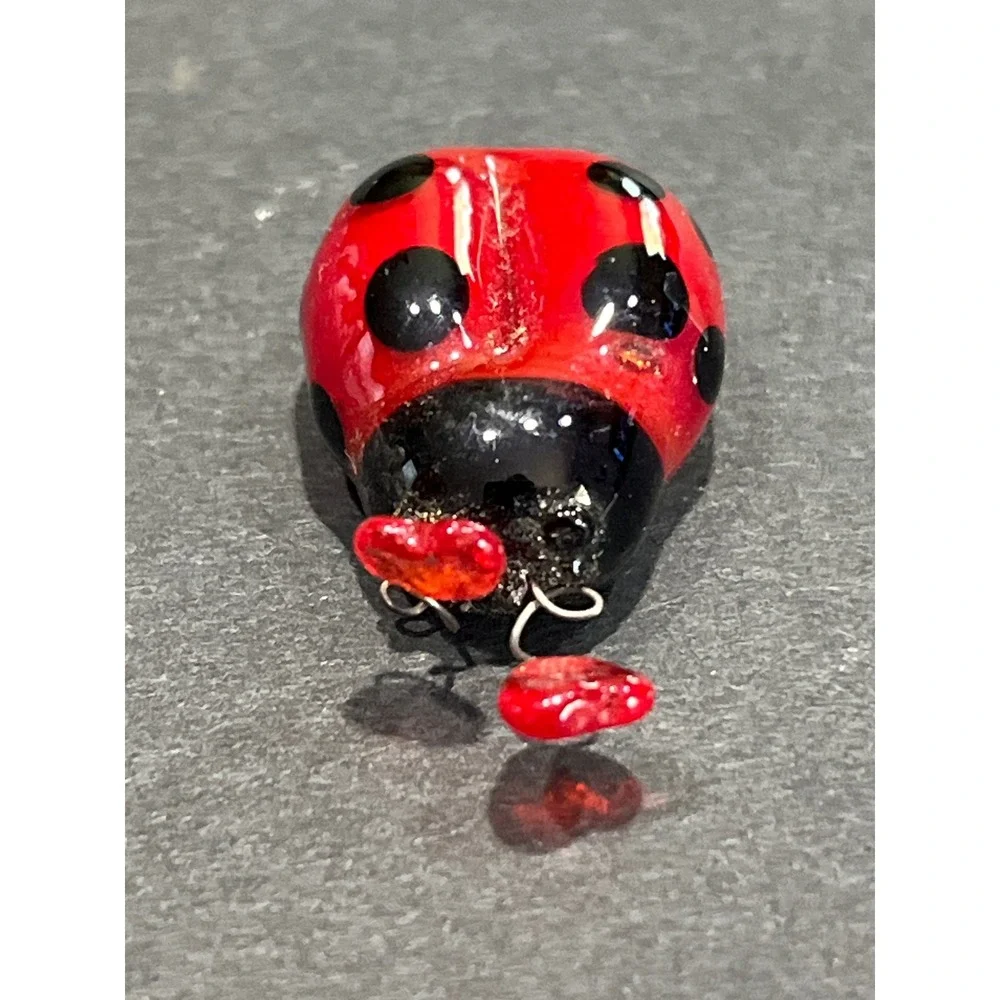 Vntg Miniature Glass Ladybug with Heart Antennae and Ceramic Blue Mushroom Set